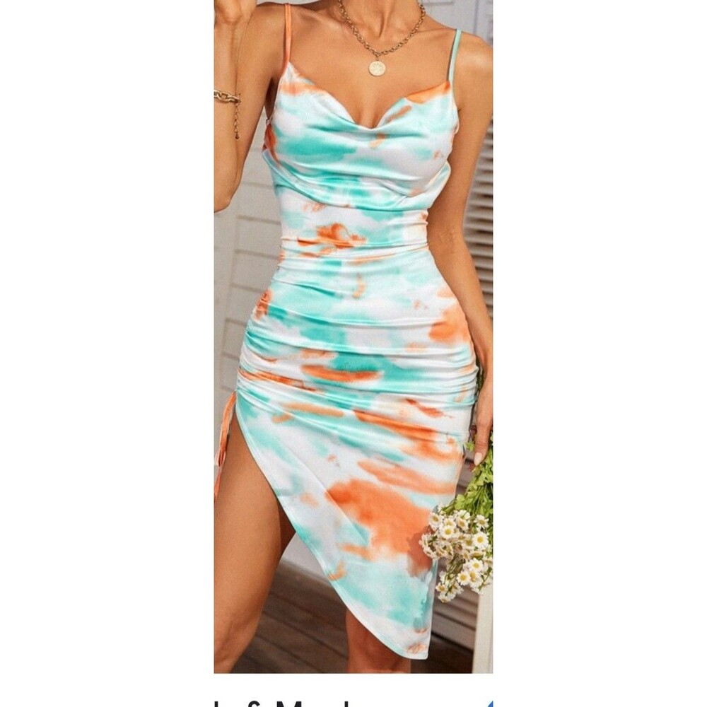 Womens XS Blue Orange Tie Dye Dress Sleeveless Mini Gathered Side Beachy Vibes